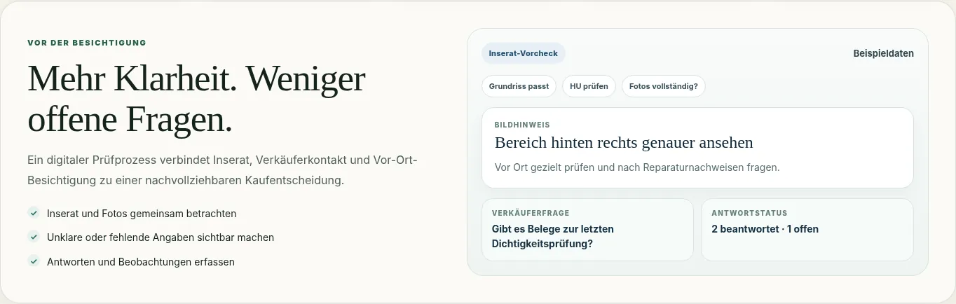 Beispielhafte Inserat-Vorprüfung mit offenen Verkäuferfragen und Statusanzeige