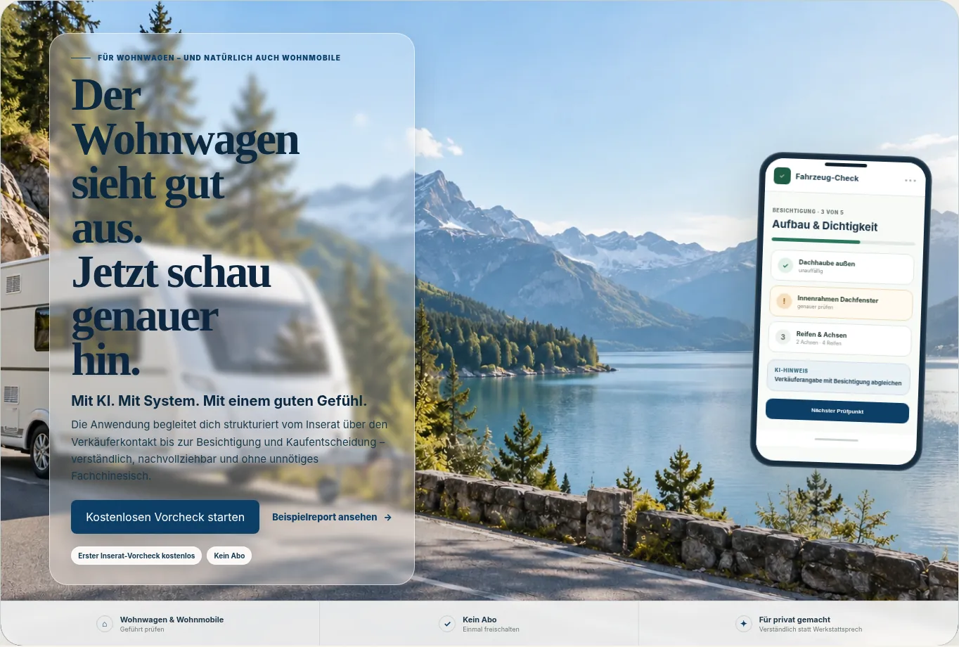 Anonymisierte Ansicht eines digitalen Fahrzeugkauf-Checks mit geführtem Prüfvorgang